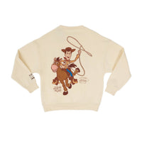 Beige sweatshirt with cartoon character design on a white background