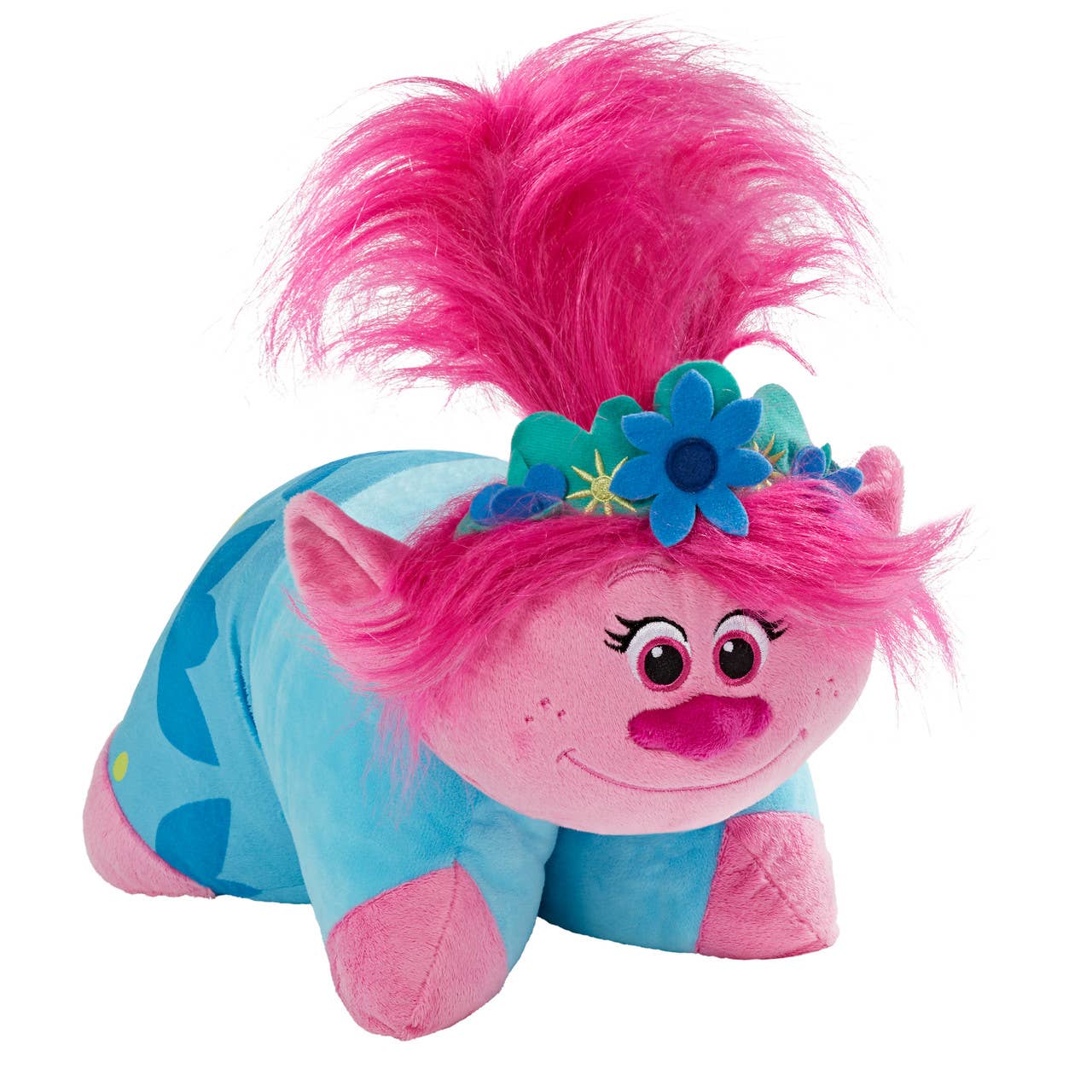 Plush toy with pink hair and blue outfit on a white background