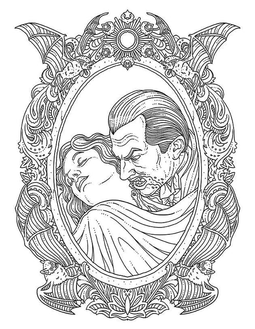 Line drawing of a couple in an ornate frame