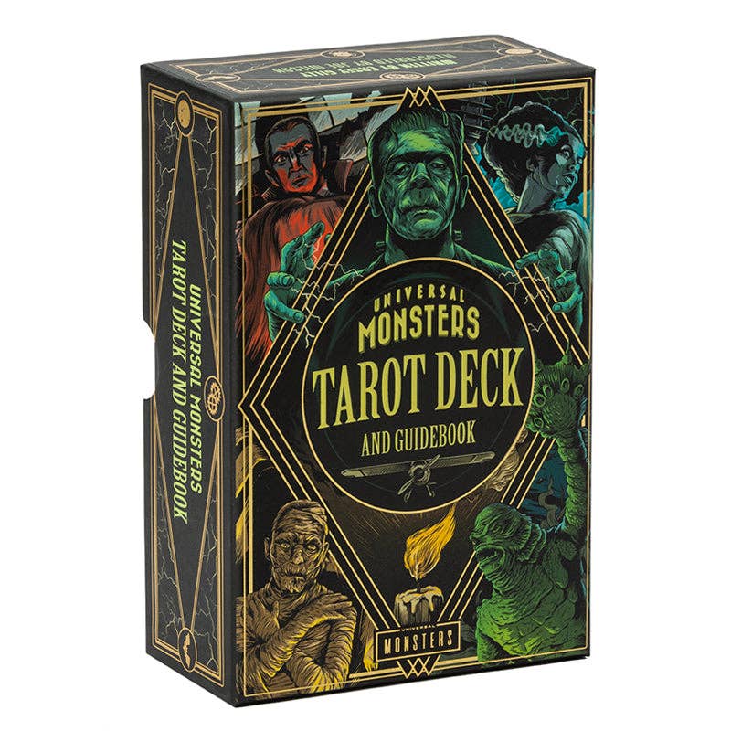 Universal Monsters Tarot Deck packaging with character illustrations on a black background