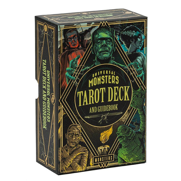 Universal Monsters Tarot Deck packaging with character illustrations on a black background