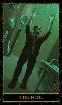 Card titled 'The Fool' with a person reaching upwards in a dark, industrial setting.