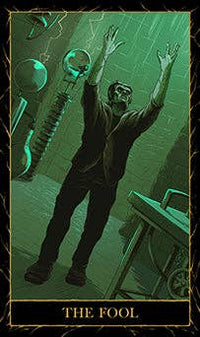 Card titled 'The Fool' with a person reaching upwards in a dark, industrial setting.
