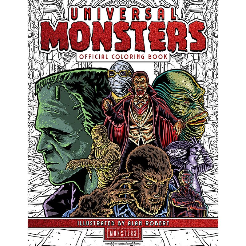 Cover of 'Universal Monsters' coloring book with illustrated characters.