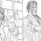Line art of a woman with a mask, a ghostly figure, and a man with a zombie-like appearance against a brick wall.