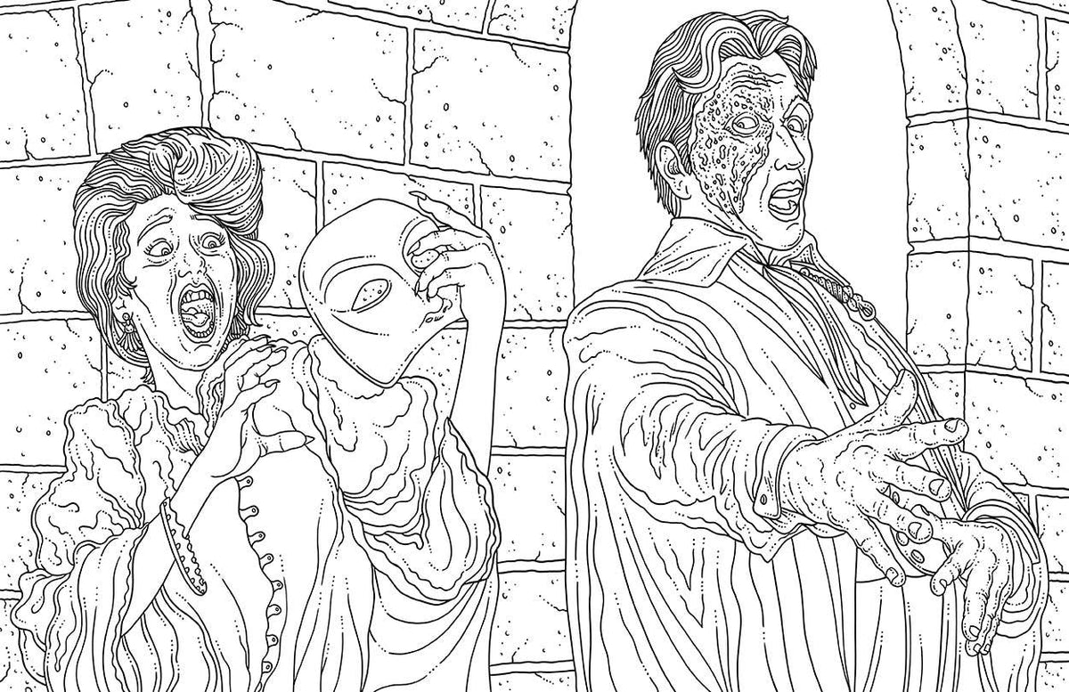 Line art of a woman with a mask, a ghostly figure, and a man with a zombie-like appearance against a brick wall.