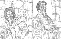 Line art of a woman with a mask, a ghostly figure, and a man with a zombie-like appearance against a brick wall.