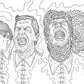 Black and white illustration of a puzzle with four characters on a white background