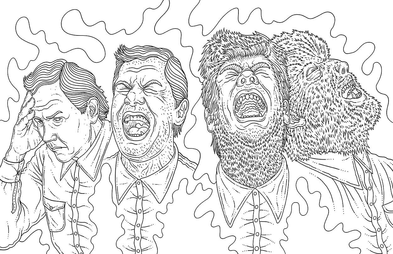 Black and white illustration of a puzzle with four characters on a white background
