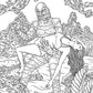 Black and white illustration of a creature and a woman in a natural setting