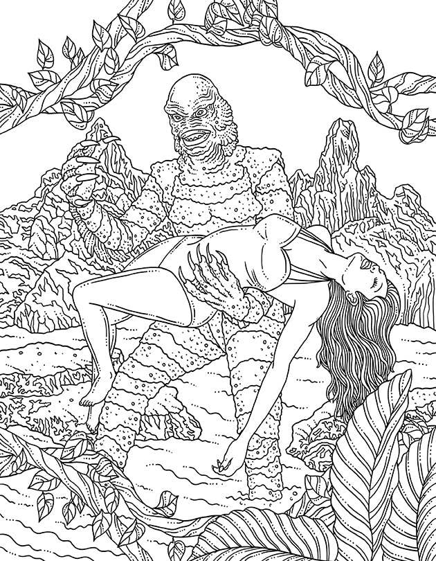 Black and white illustration of a creature and a woman in a natural setting