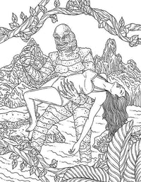 Black and white illustration of a creature and a woman in a natural setting