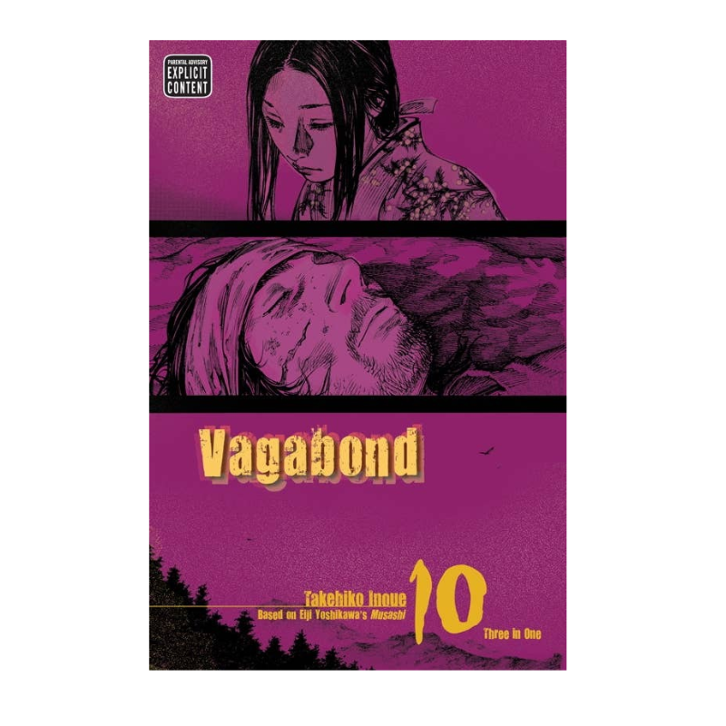Vagabond Volume 10 manga book cover by Takahiko Inoue, featuring a dark purple and black illustrated design with yellow title text and an explicit content label.