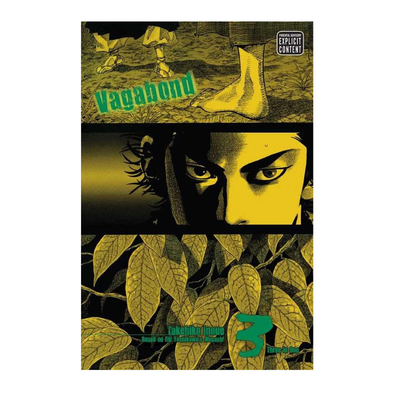 Vagabond Volume 3 manga book cover featuring a stylized yellow and black illustration with a close-up face, bare foot, and leafy background.