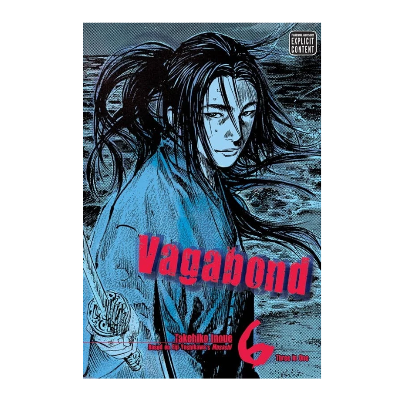 Vagabond Volume 6 manga book cover featuring a blue-toned illustration of a young man with long dark hair holding a sword, with the title 'Vagabond' in large red letters and an explicit content label in the top right.