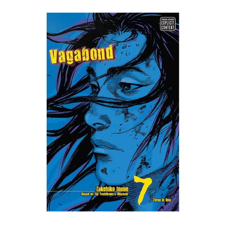 Vagabond manga volume 7 book cover featuring a stylized blue-toned portrait of a man with dark hair, yellow title text, and an explicit content badge.