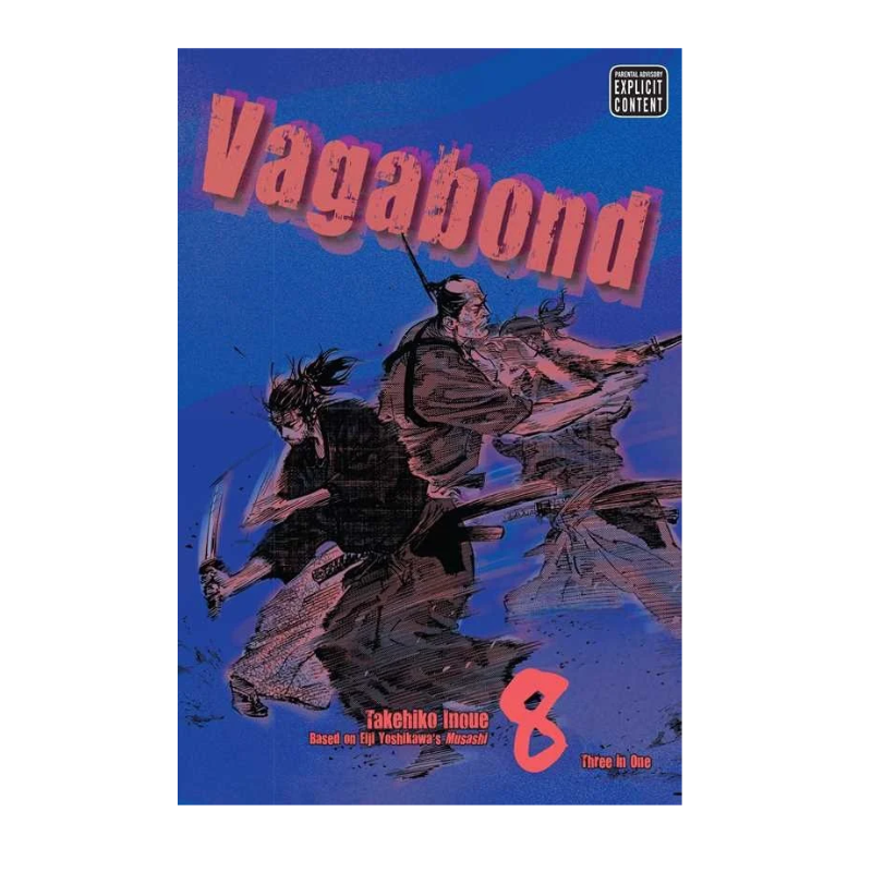 Vagabond Volume 8 manga book cover featuring two samurai warriors in action against a blue background, with the title 'Vagabond' in large pink letters and an explicit content label in the top right.