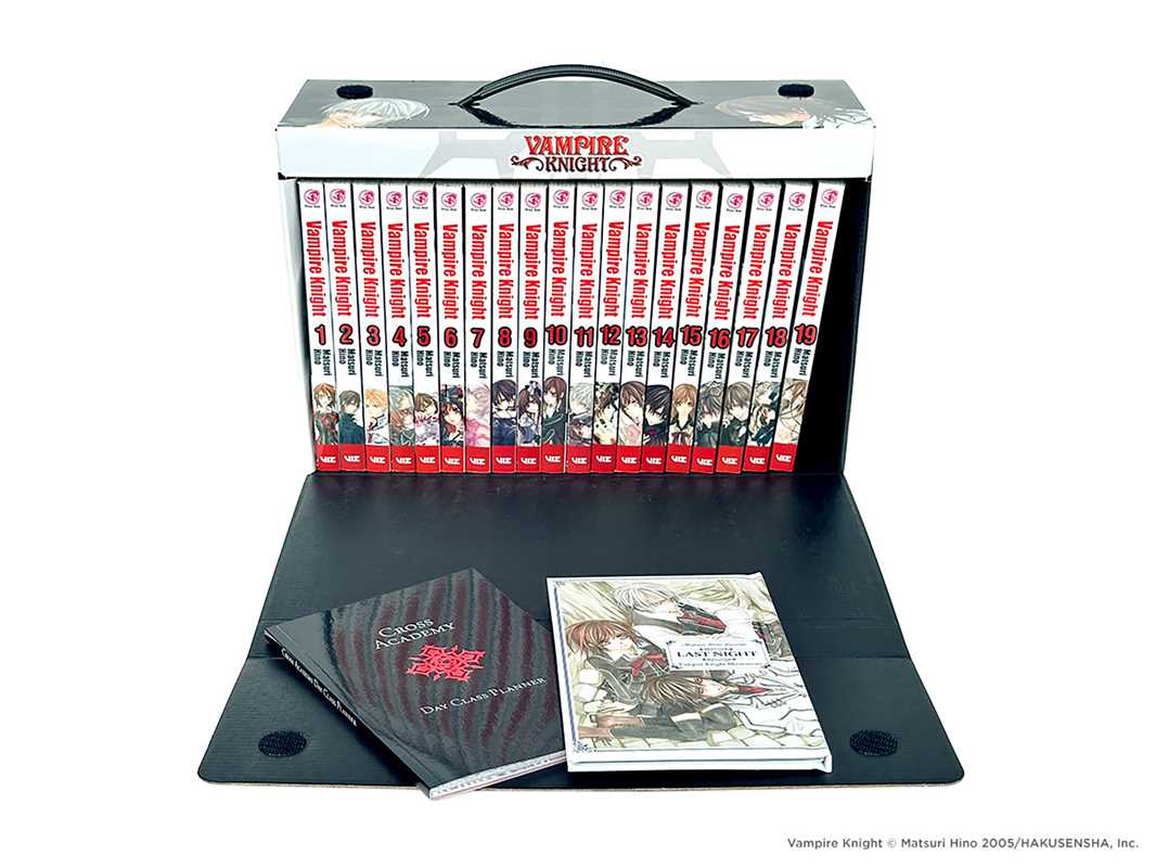 Collection of 'Vampire Knight' manga volumes with a black stand and promotional material on a white background.