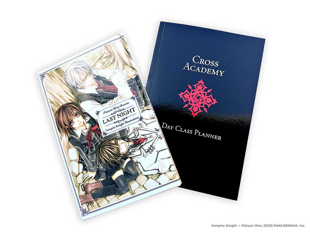 Anime-style book cover with characters and a planner titled 'Cross Academy Day Class Planner'.