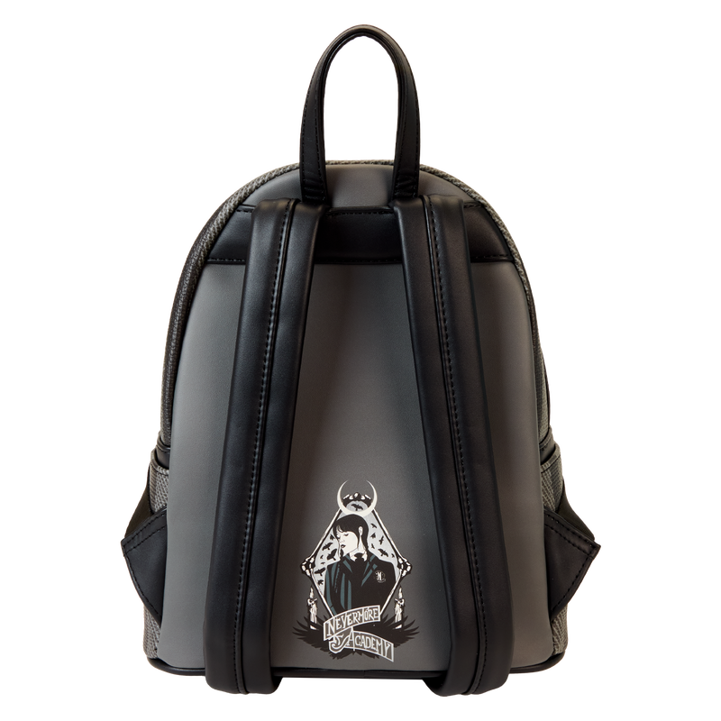 Rear view of Wednesday Addams Nevermore Academy cosplay mini backpack with adjustable straps