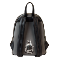 Rear view of Wednesday Addams Nevermore Academy cosplay mini backpack with adjustable straps