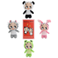 Four Betty Rubble plush toys in different animal costumes are arranged around a red mystery plush bag card on a white background. The top is labeled 'Mystery Bag' and features cartoon illustrations of the plushies.