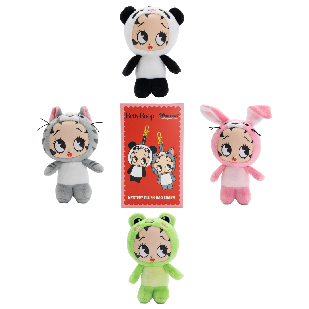Four Betty Rubble plush toys in different animal costumes are arranged around a red mystery plush bag card on a white background. The top is labeled 'Mystery Bag' and features cartoon illustrations of the plushies.