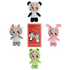 Four Betty Rubble plush toys in different animal costumes are arranged around a red mystery plush bag card on a white background. The top is labeled &