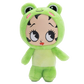 A green plush toy shaped like a cartoon frog character with large expressive eyes, pink cheeks, and a small red mouth, shown against a plain white background.