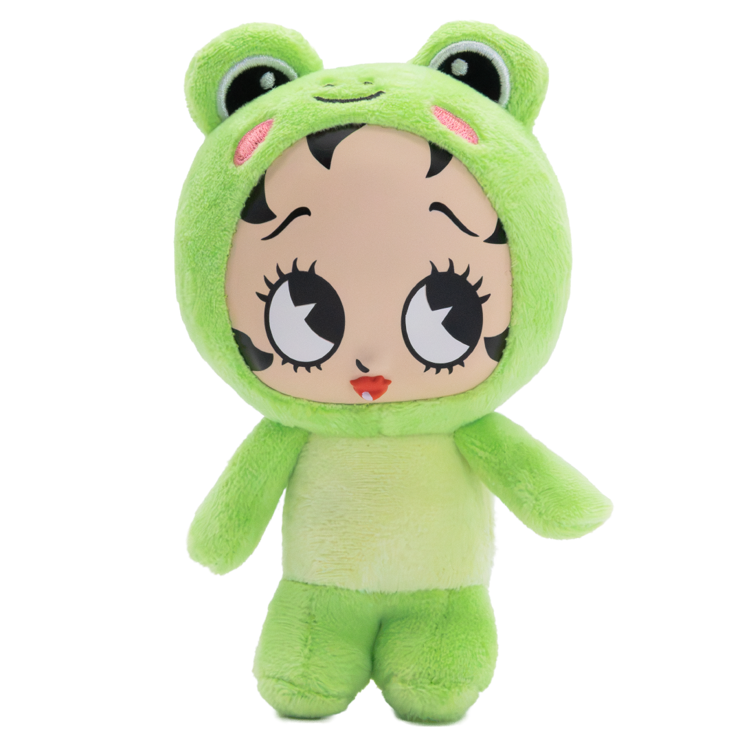 A green plush toy shaped like a cartoon frog character with large expressive eyes, pink cheeks, and a small red mouth, shown against a plain white background.