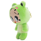 A plush toy shaped like a frog wearing a Betty Rubble-style hooded outfit, shown on a plain white background. The plush has a bright green hood and body, a pale cream face and lower body, large black-and-white cartoon eyes, a small pink oval on the hood, and a small gold keychain ring on the side.