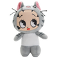 A plush toy doll wearing a gray cat costume hood with pink inner ears, large cartoon eyes, black whiskers, and a white body, shown on a plain white background.