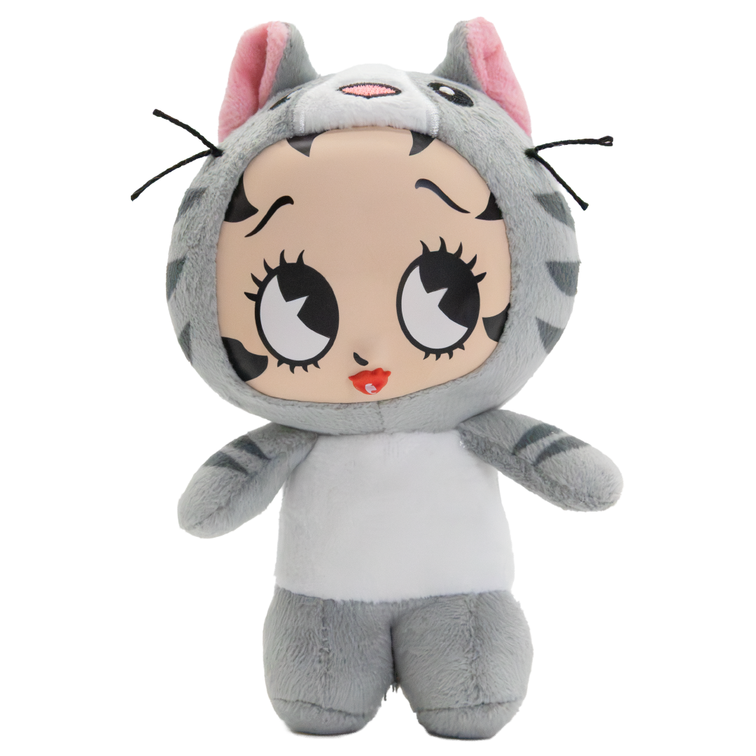 A plush toy doll wearing a gray cat costume hood with pink inner ears, large cartoon eyes, black whiskers, and a white body, shown on a plain white background.