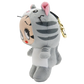 A plush keychain shaped like a stylized gray cat with a cartoon face peeking out from behind its head. The plush has pink ears, gray and white fur patterns, and a gold-tone keyring clasp on a plain white background.