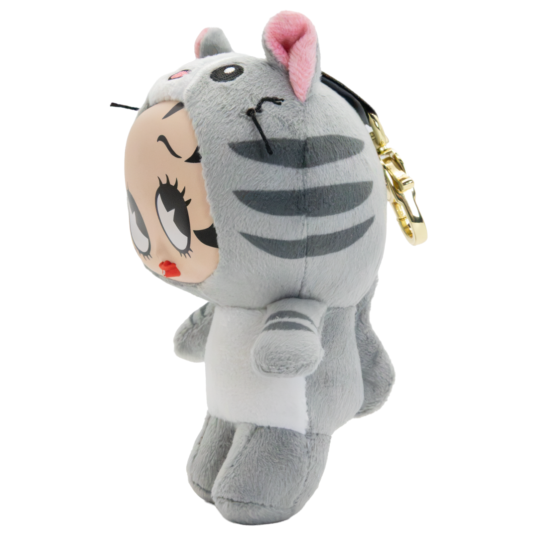 A plush keychain shaped like a stylized gray cat with a cartoon face peeking out from behind its head. The plush has pink ears, gray and white fur patterns, and a gold-tone keyring clasp on a plain white background.