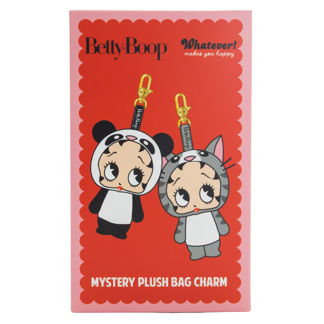 A red retail package for a BettyBoop mystery plush bag charm, featuring cartoon illustrations of two chibi characters in panda and cat costumes with gold clasp attachments.