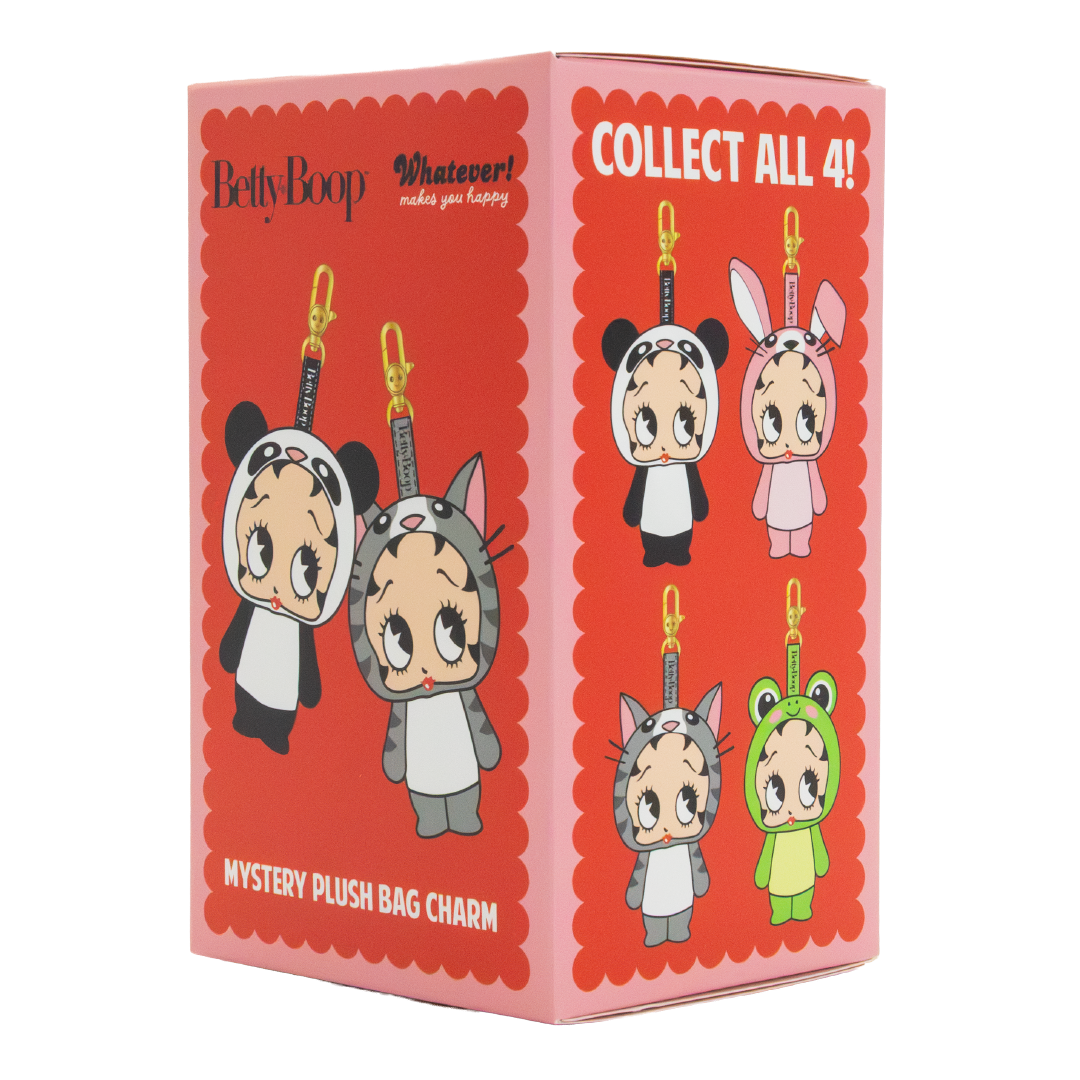 A pink and red Betty Boop mystery plush bag charm box, featuring cartoon illustrations of four different character plush charms on the front and side panels.