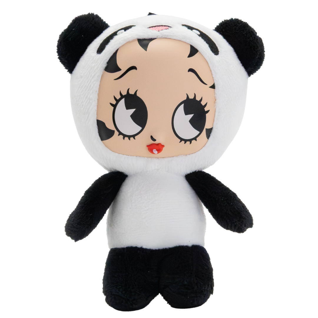 A plush toy of Betty Boop dressed in a panda costume, featuring a white and black fuzzy body, large cartoon eyes, and a red mouth, set against a plain white background.