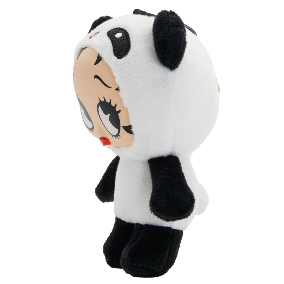 A Betty Boop plush toy dressed in a panda costume, featuring a white plush body with black ears, eyes, and paws, and a visible Betty Boop face peeking out from the hood.