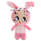 A pink plush toy doll with long bunny ears, a stitched face, and large cartoon eyes, shown against a plain white background.