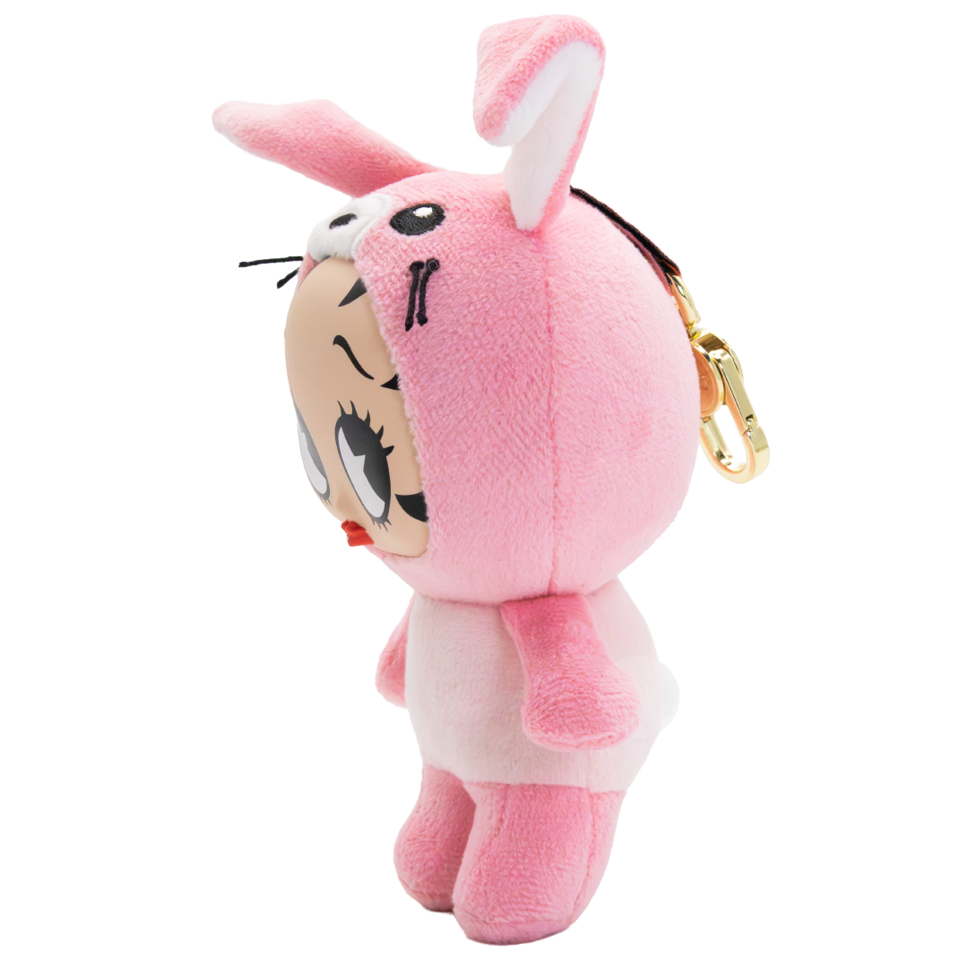 A pink plush character keychain shaped like Betty Boop in a bunny costume, featuring a gold-tone clasp, shown against a plain white background.