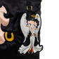 A close-up of a black satin garment featuring a large embroidered angel-shaped patch with Betty Boop's face, white wings, a gold halo, and red and yellow shoes.