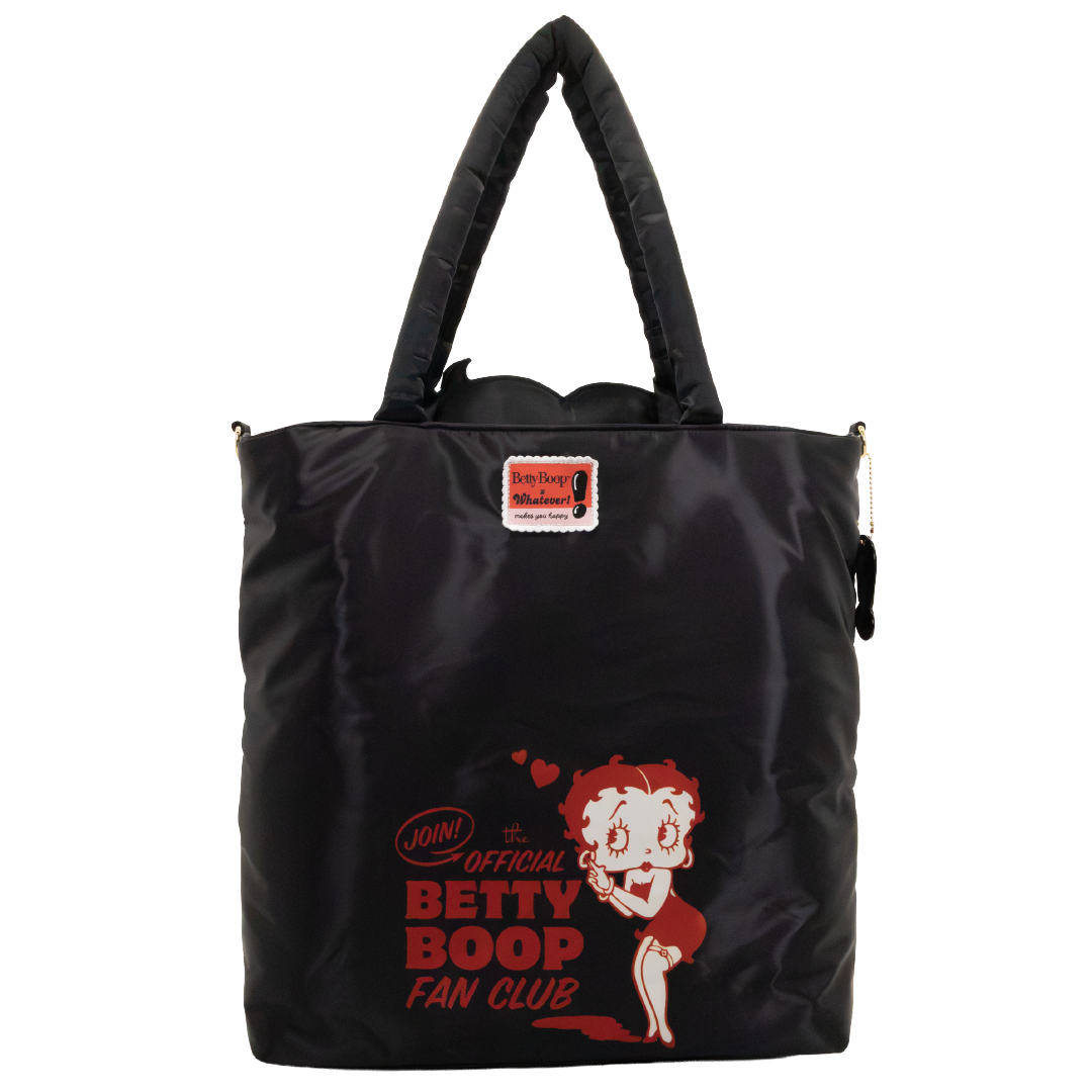 A black nylon tote bag featuring a red and white graphic of Betty Boop with the text 'Official Betty Boop Fan Club' and a small Betty Boop patch on the front, set against a plain white background.