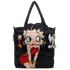 A black nylon tote bag featuring a large Betty Boop character graphic on the front, with two small hanging character charms on the sides, photographed against a plain white background.