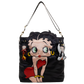 A black satin shoulder bag featuring a large 3D Betty Boop character design on the front, with gold-tone hardware and a black strap, set against a plain white background.