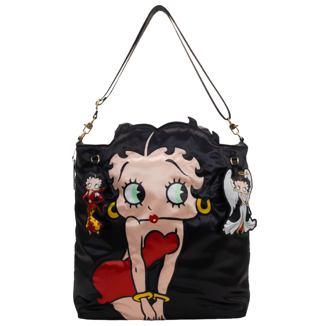 A black satin shoulder bag featuring a large 3D Betty Boop character design on the front, with gold-tone hardware and a black strap, set against a plain white background.