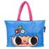 Blue tote bag with cartoon face design and pink handle on a white background