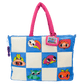 Colorful checkered bag with cartoon characters on a white background