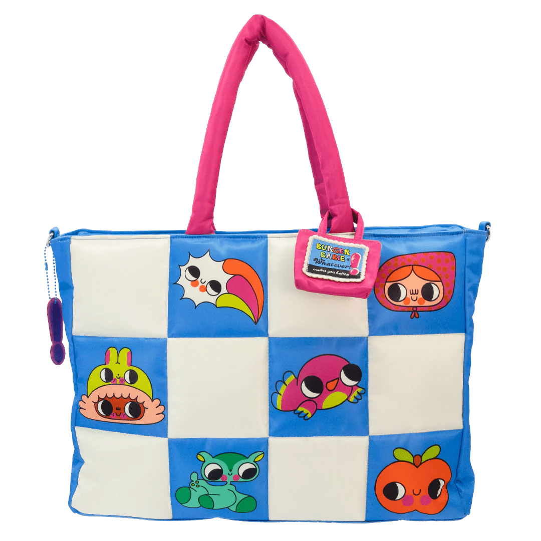 Colorful checkered bag with cartoon characters on a white background