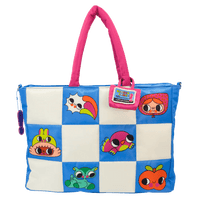 Colorful checkered bag with cartoon characters on a white background